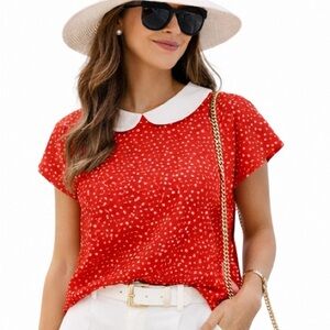 CeCe Red Floral Blouse with White Collar